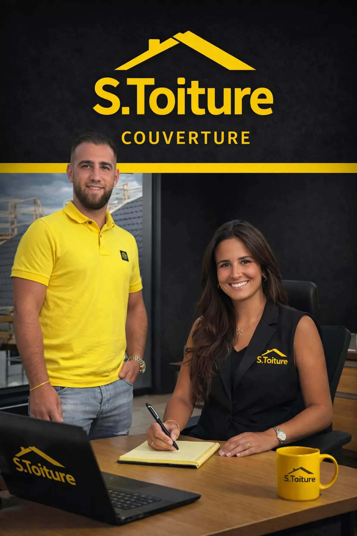 Équipe S.Toiture - homme en polo jaune et femme en blazer noir au bureau avec logo S.Toiture