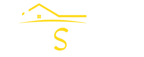 Logo jaune d'une entreprise de charpente et couverture avec silhouette de maison et la lettre S